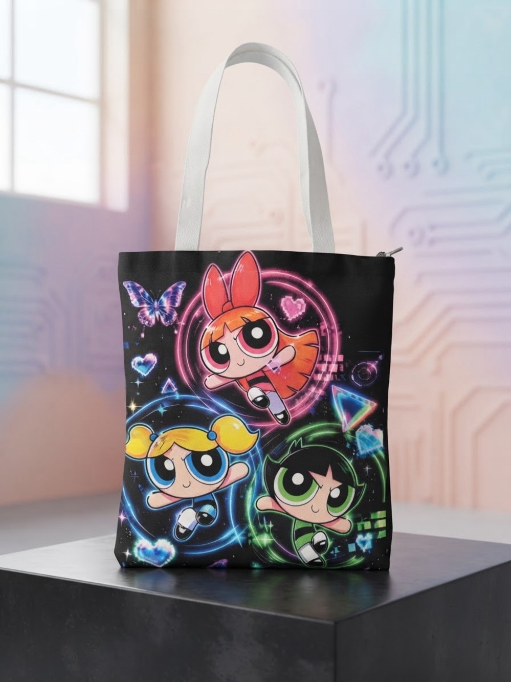 Neon Trio Black Tote Bag - Official Character Design